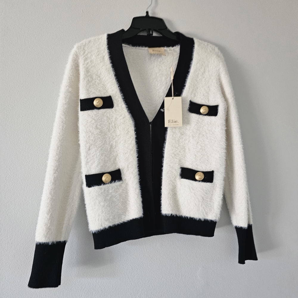 Elie Tahari Black and White Cardigan with Gold Accents